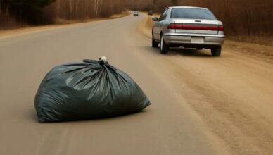 A strange car stopped, and someone inside threw out a black garbage bag — suddenly, the bag moved